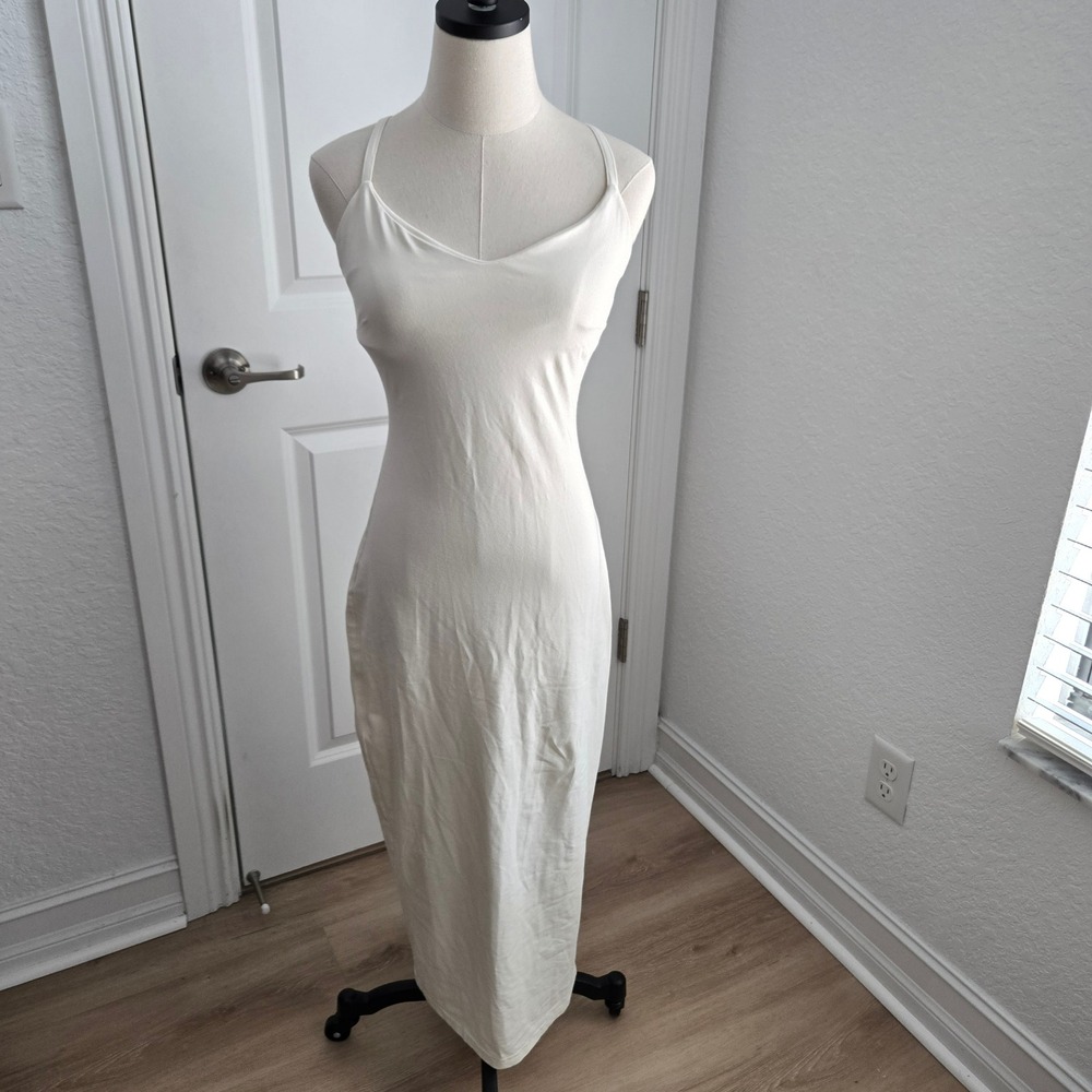 AYM Studio Bamboo Cotton Cross Back Midi Dress Off White Cream V-Neck Size M - Picture 4 of 9